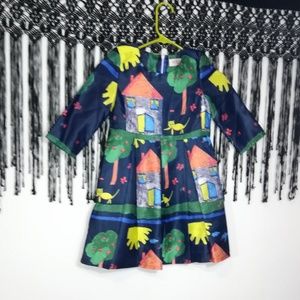 Cat House Tree Print 3/4 Sleeve Dress